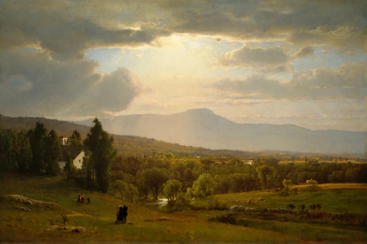 Painting of a sunlit Catskill valley with mountains, trees, grazing cattle and a winding stream